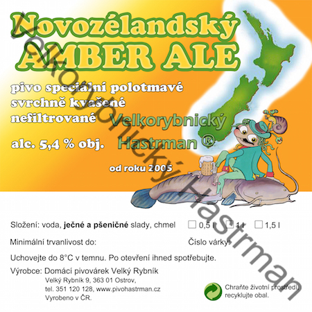 Etiketa Novozélandský Amber Ale (2015) © Velkorybnický Hastrman